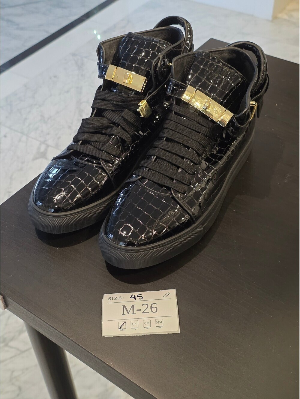 Men's Black Croc-Embossed High-Top Sneakers with Gold Accents